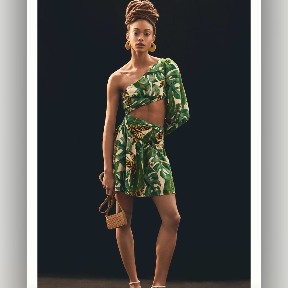 Farm Rio Tropical Leaves One Shoulder Mini Dress